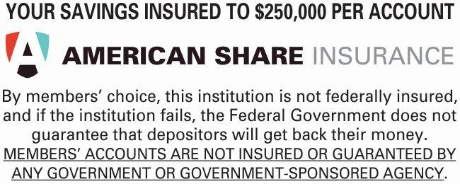 Your savings insured to $250,000 per account.  American Share Insurance.  By members'choice, this institution is not federally insured, and if the institution fails, the Federal Government does not guarantee that depositors will get back their money.  The next sentence is underlined. MEMBERS' ACCOUNTS ARE NOT INSURED OR GUARANTEED BY ANY GOVERNMENT OR GOVERNMENT-SPONSORED AGENCY