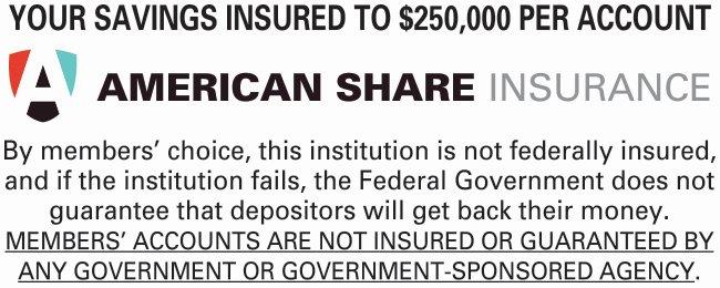 Your savings insured to $250,000 per account.  American Share Insurance.  By members'choice, this institution is not federally insured, and if the institution fails, the Federal Government does not guarantee that depositors will get back their money.  The next sentence is underlined. MEMBERS' ACCOUNTS ARE NOT INSURED OR GUARANTEED BY ANY GOVERNMENT OR GOVERNMENT-SPONSORED AGENCY